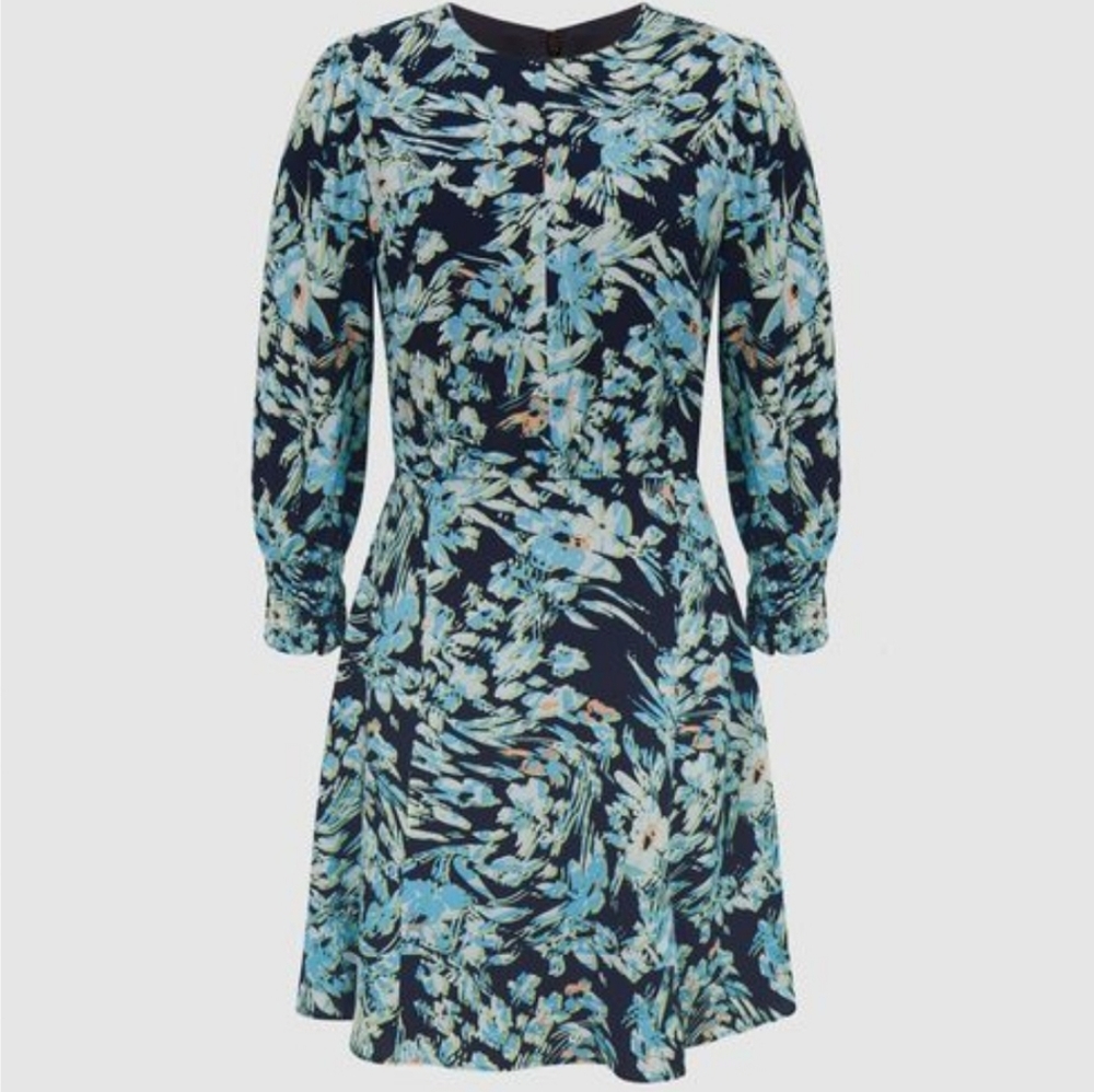 Reiss Annie Floral A-Line‎ Minidress Women's 8 Navy Floral 3/4 Sleeves NWOT $285